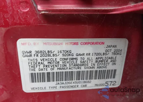 2005 Mitsubishi Lancer Es from USA, damaged, VIN JA3AJ26EX5U018682